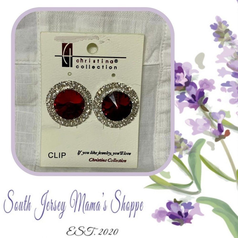 Vintage 1980s Clip Earrings Christina Collection Faux Garnet & Rhinestone (J258)